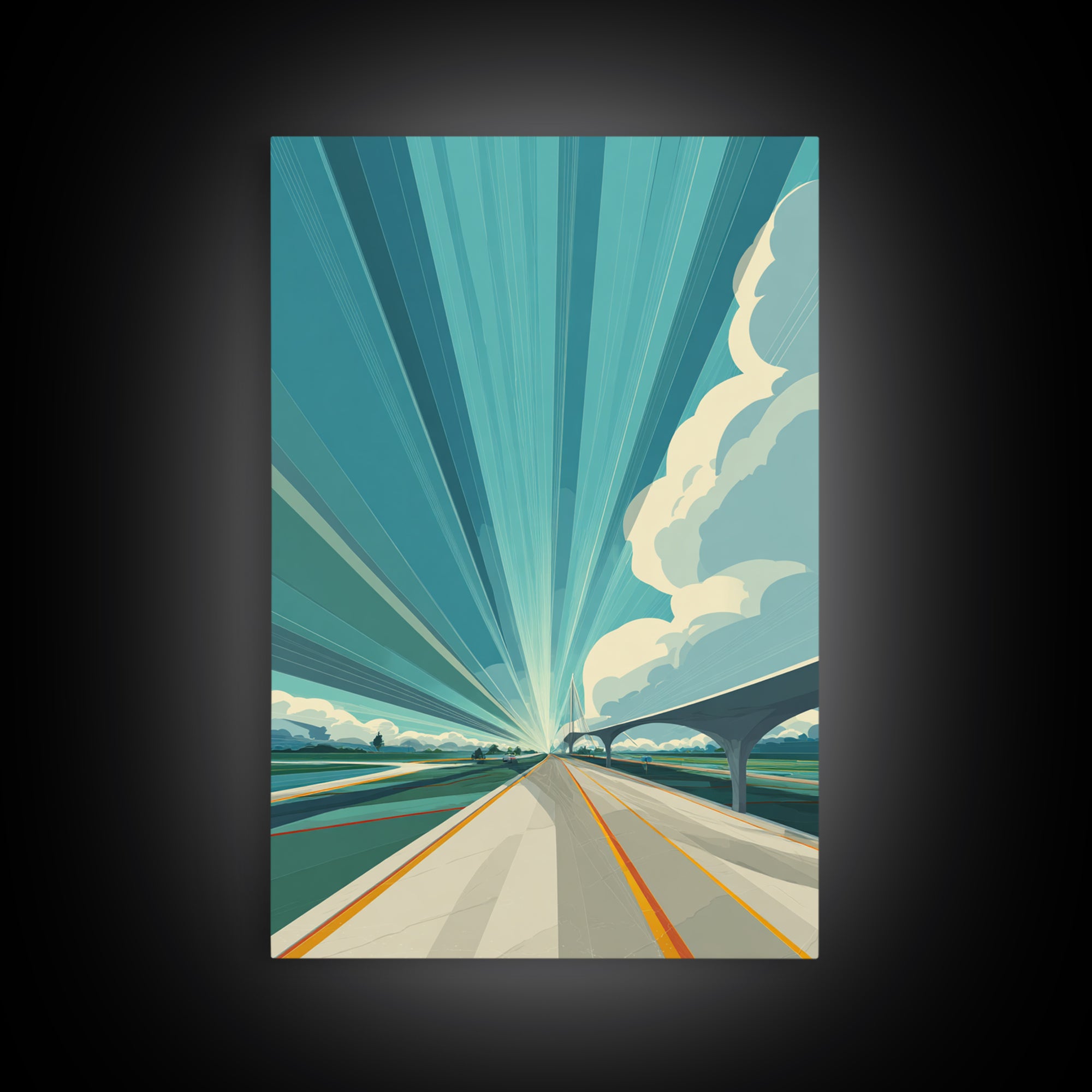 Futuristic Highway Light Rays Wall Art, Retro Modern Poster, Architectural Art, Travel Wall Art, Blue Geometric Office Decor