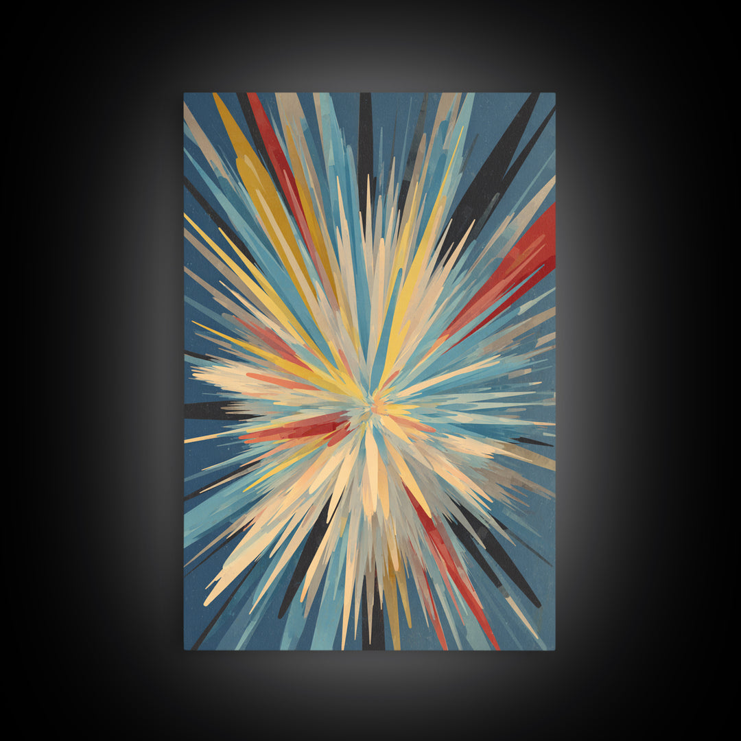 Exploding Abstract Starburst Canvas Print, Modern Wall Art, Colorful Geometric Poster, Blue Red Yellow Midcentury Decor Gift