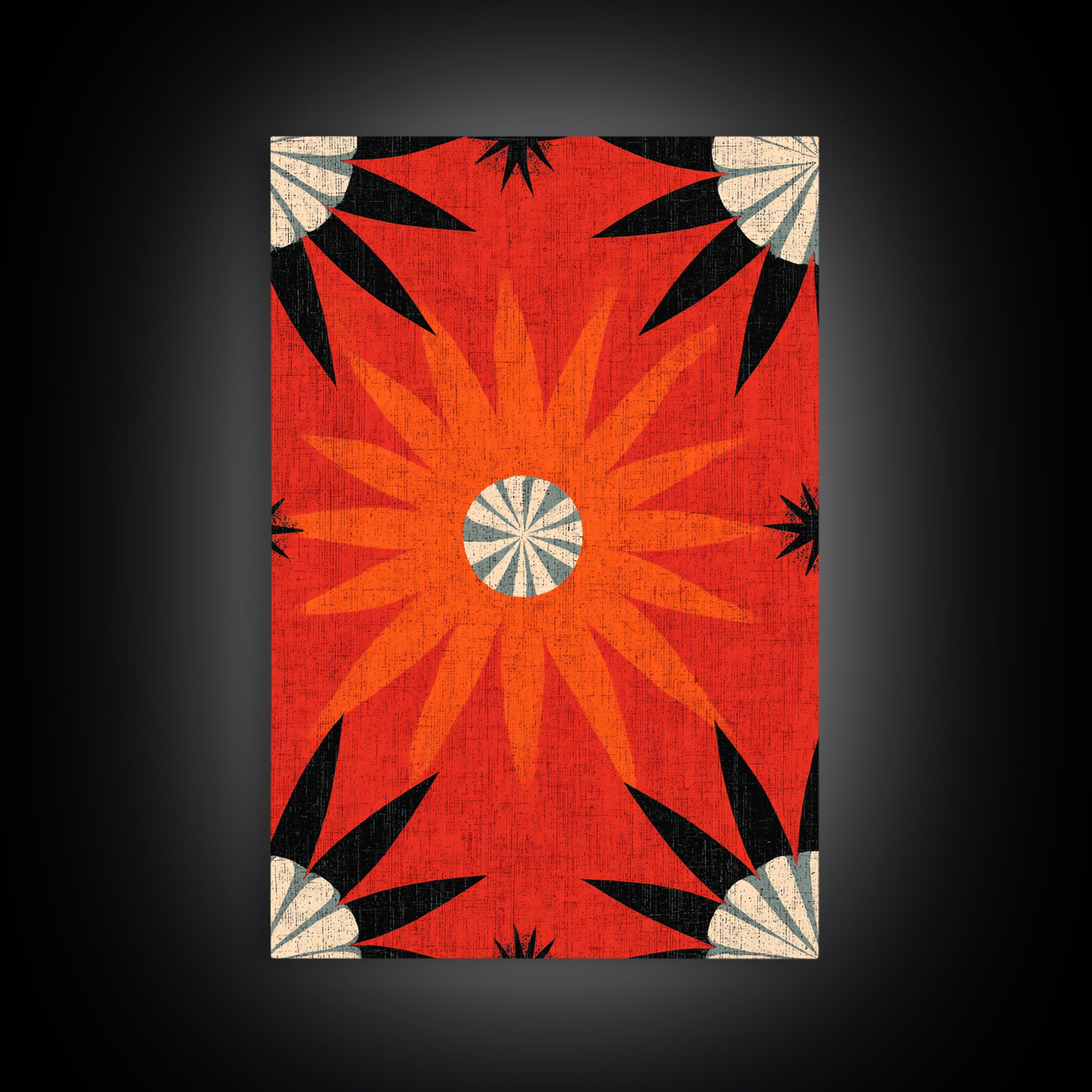 Orange Atomic Sunburst Pattern Wall Art, Midcentury Modern Print, Retro 70s Decor, Geometric Textile Style Bold MCM Poster