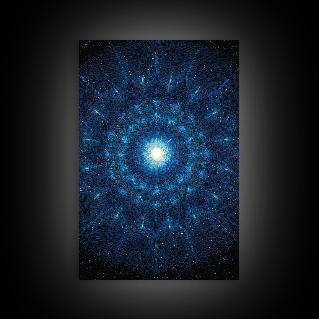 Blue Cosmic Starburst Abstract Wall Art, Modern Digital Art Print, Space Abstract Art, Galaxy Statement Blue Canvas Print