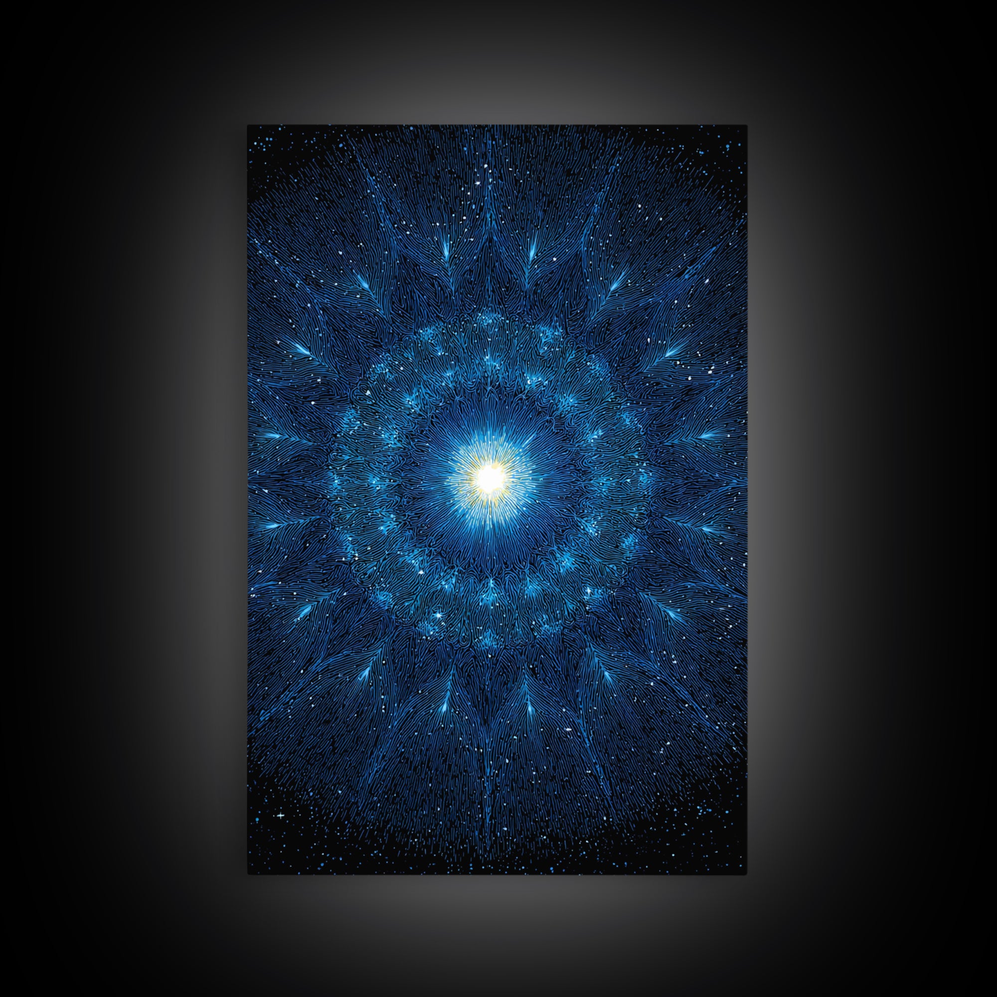 Blue Cosmic Starburst Abstract Wall Art, Modern Digital Art Print, Space Abstract Art, Galaxy Statement Blue Canvas Print