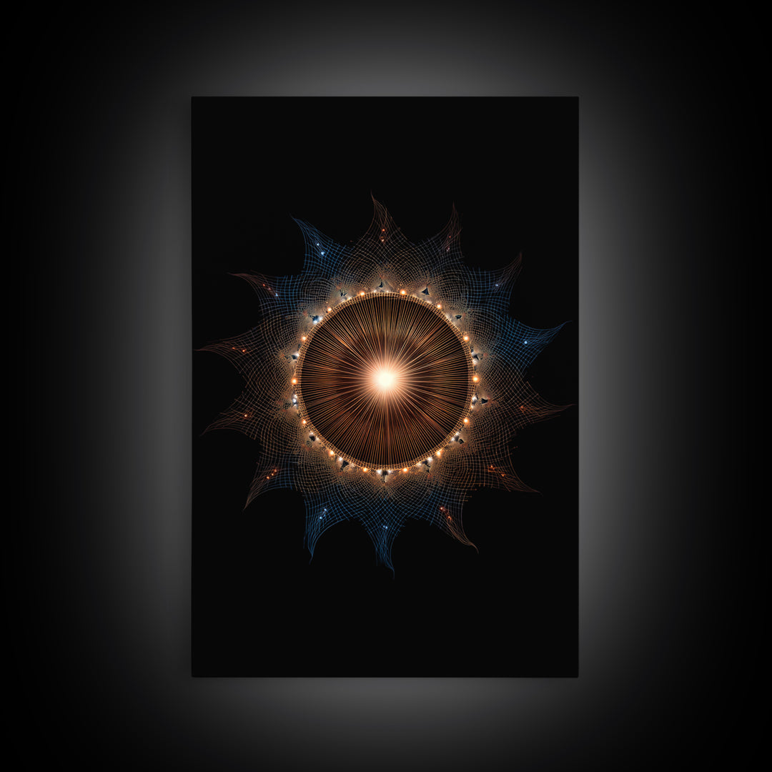 Glowing Eclipse Mandala Wall Art, Modern Abstract Art Print, Cosmic Geometric MCM Decor, Orange Blue Framed Canvas Print