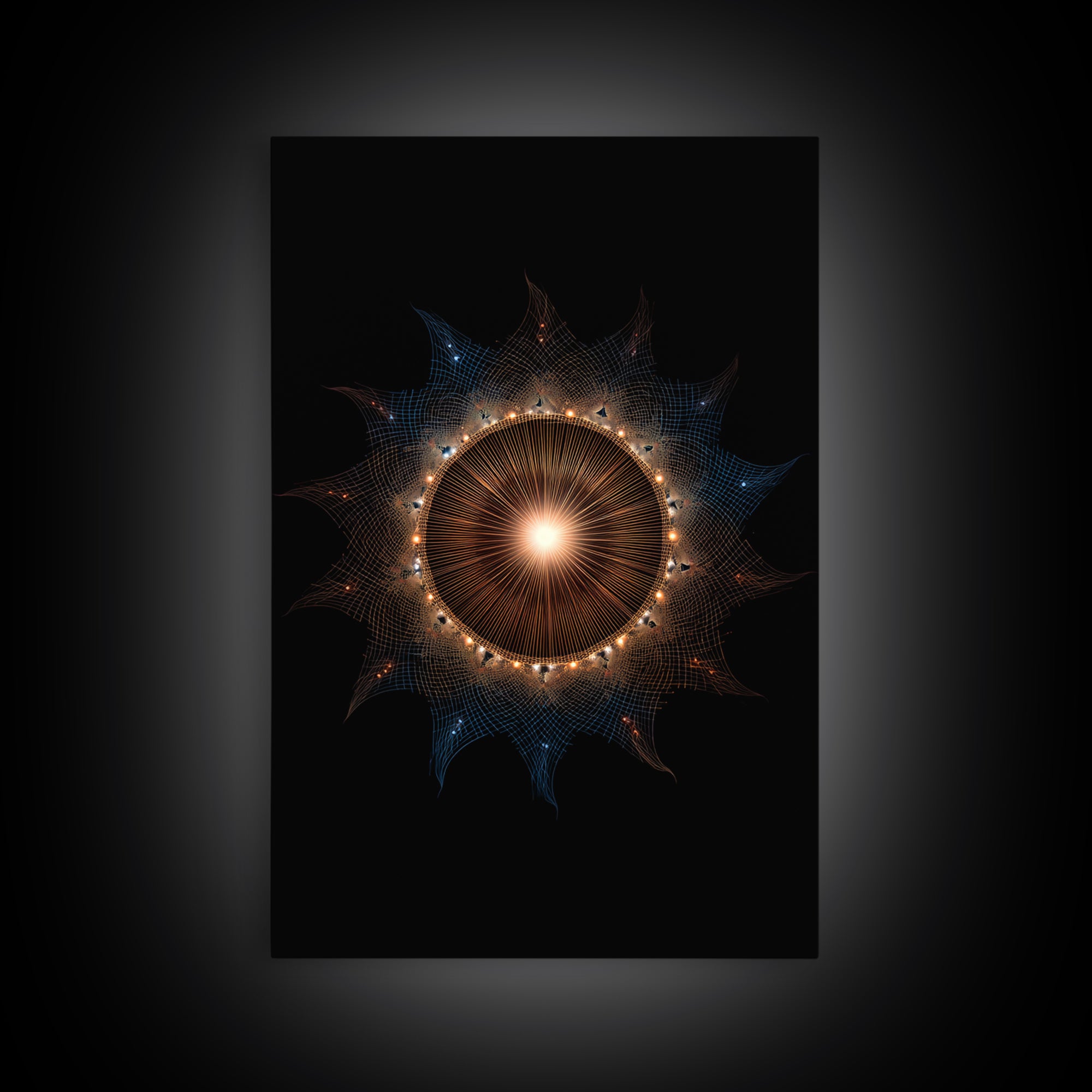 Glowing Eclipse Mandala Wall Art, Modern Abstract Art Print, Cosmic Geometric MCM Decor, Orange Blue Framed Canvas Print