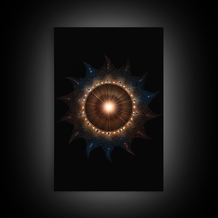 Glowing Eclipse Mandala Wall Art, Modern Abstract Art Print, Cosmic Geometric MCM Decor, Orange Blue Framed Canvas Print