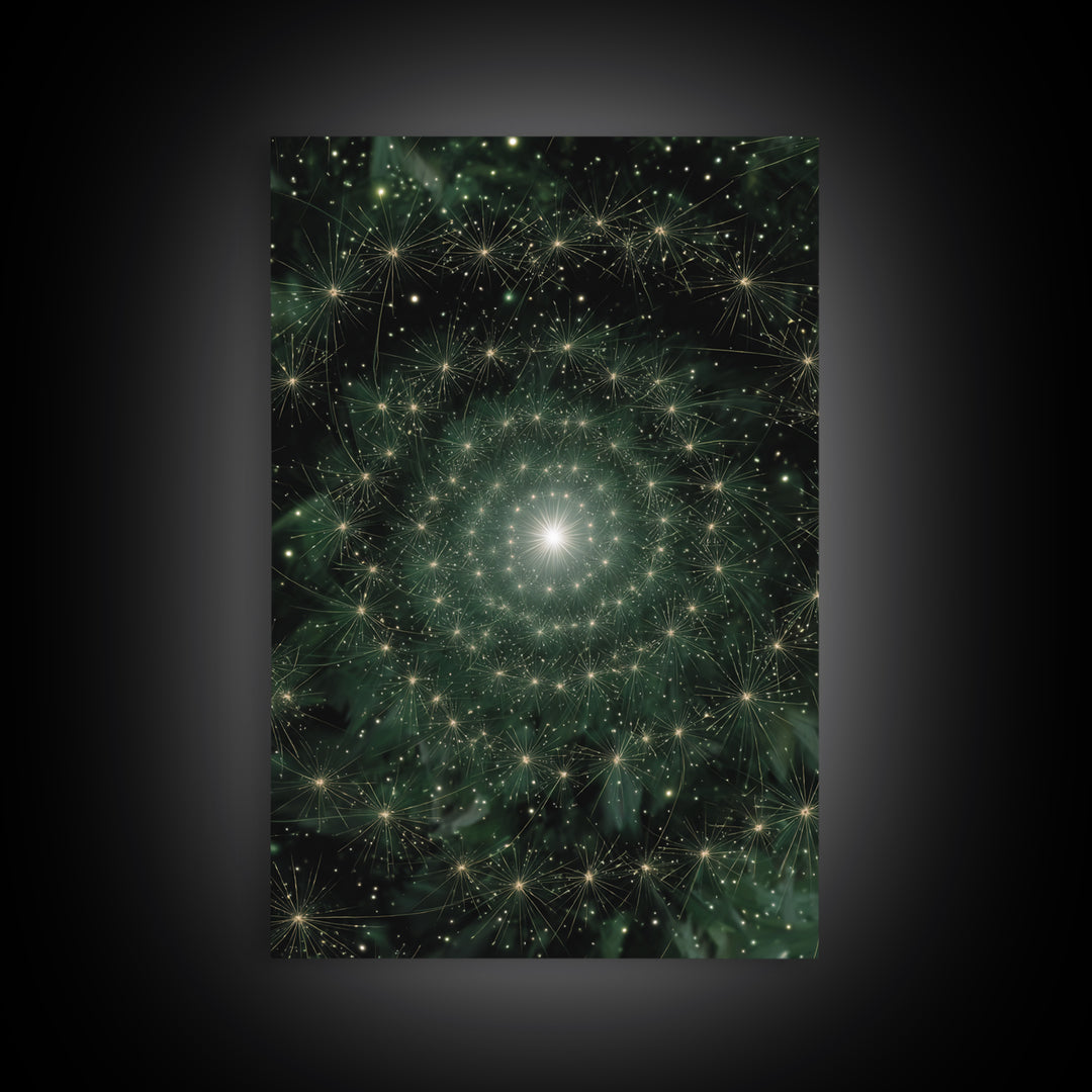 Green Celestial Dandelion Starfield Wall Art, Modern Abstract Art Print, Nature Space Decor, Botanical Canvas Print Poster