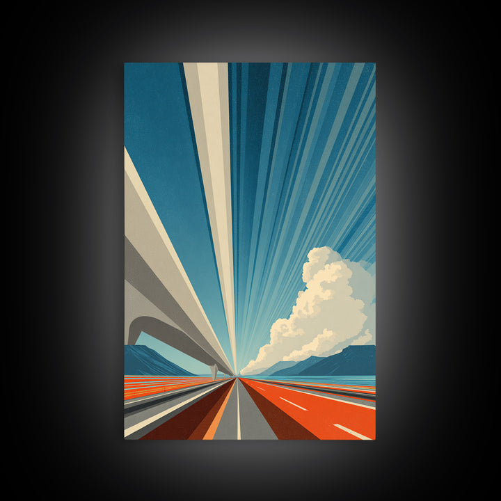 Orange Coastal Highway Perspective Canvas Print, Retro Modern Poster, Architectural Art, Blue Wall Art, Travel Office Decor