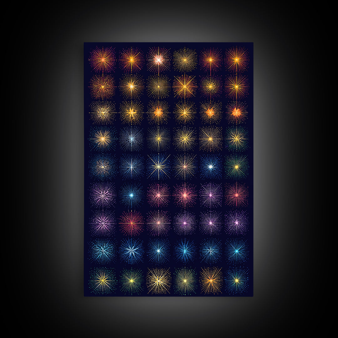 Glowing Starburst Fireworks Grid Wall Art, Midcentury Modern Art Print, Atomic Retro Poster, Dark Navy Living Room Decor