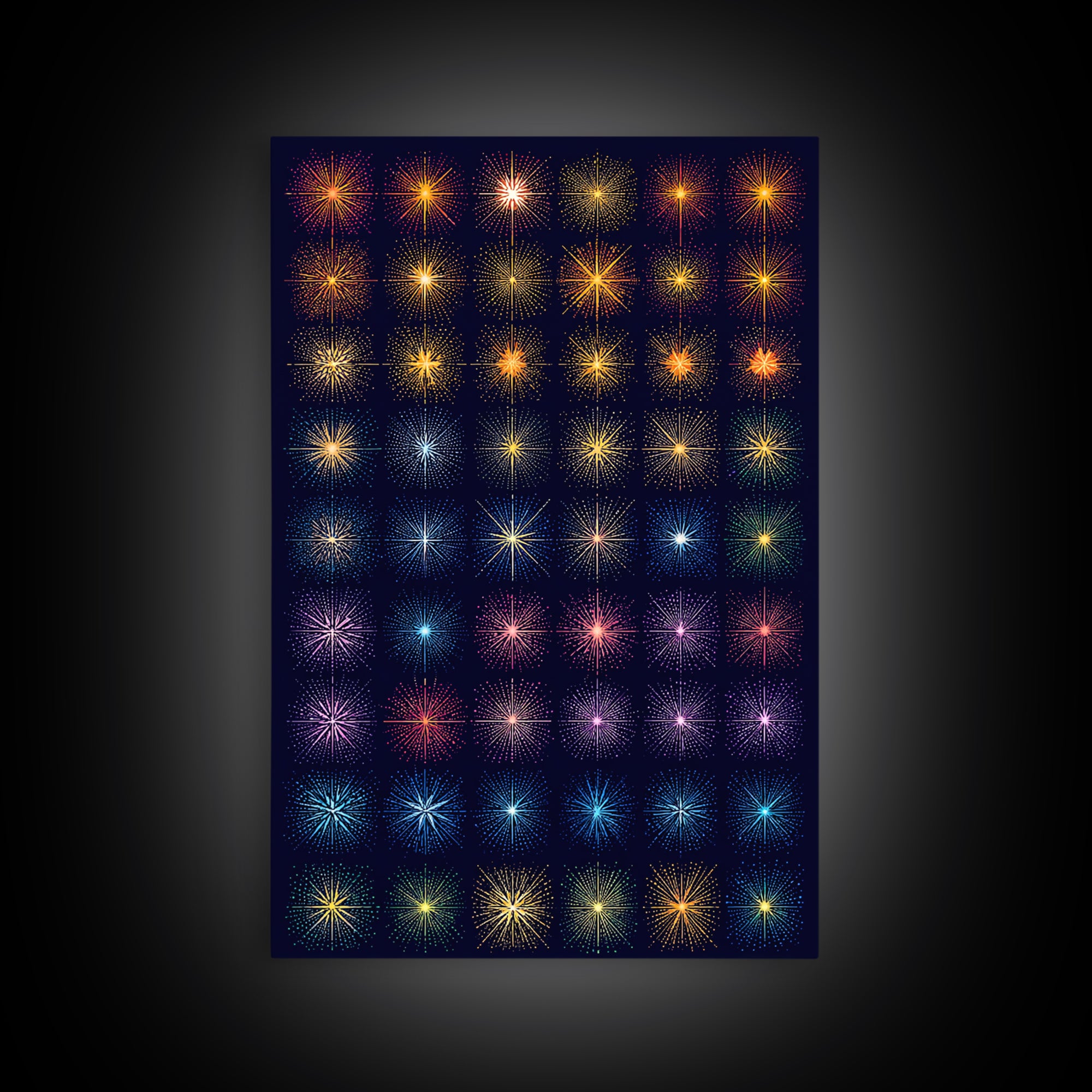 Glowing Starburst Fireworks Grid Wall Art, Midcentury Modern Art Print, Atomic Retro Poster, Dark Navy Living Room Decor