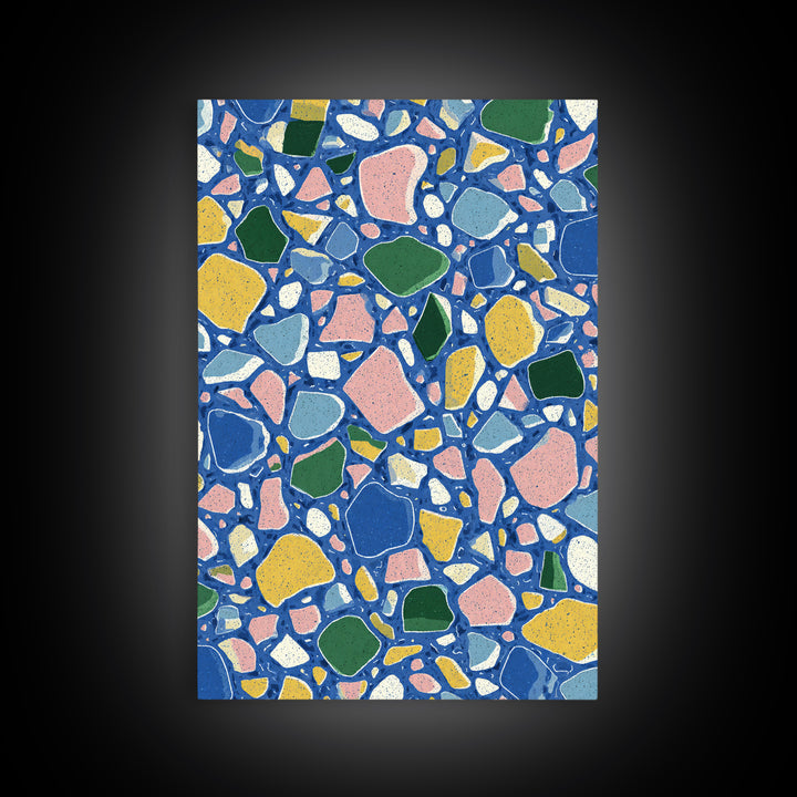 Blue Pebble Terrazzo Mosaic Pattern Canvas Print, Midcentury Modern Wall Art, Colorful Abstract Geometric Home Decor Poster Gift