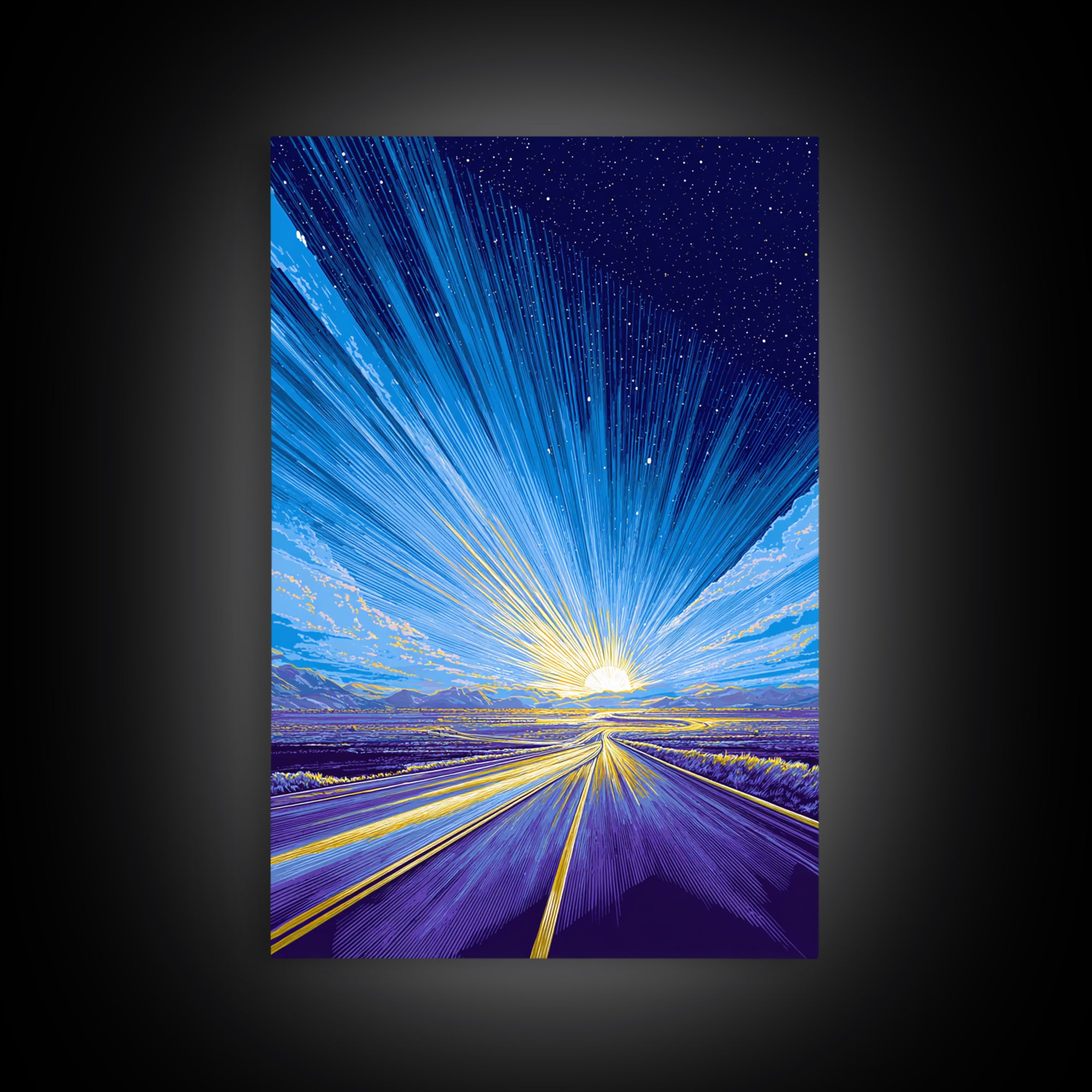 Radiant Starry Sunrise Road Wall Art, Modern Digital Art, Retro Sci Fi Poster, Blue Landscape Print, Large Living Room Decor