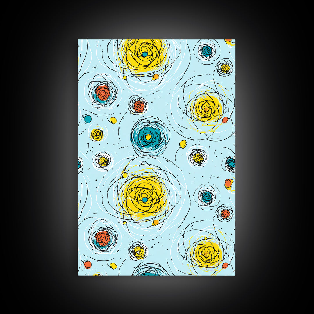 Scribble Spiral Circles On Sky Blue Wall Art, Midcentury Modern Abstract Print, Playful Colorful Geometric Office Home Decor