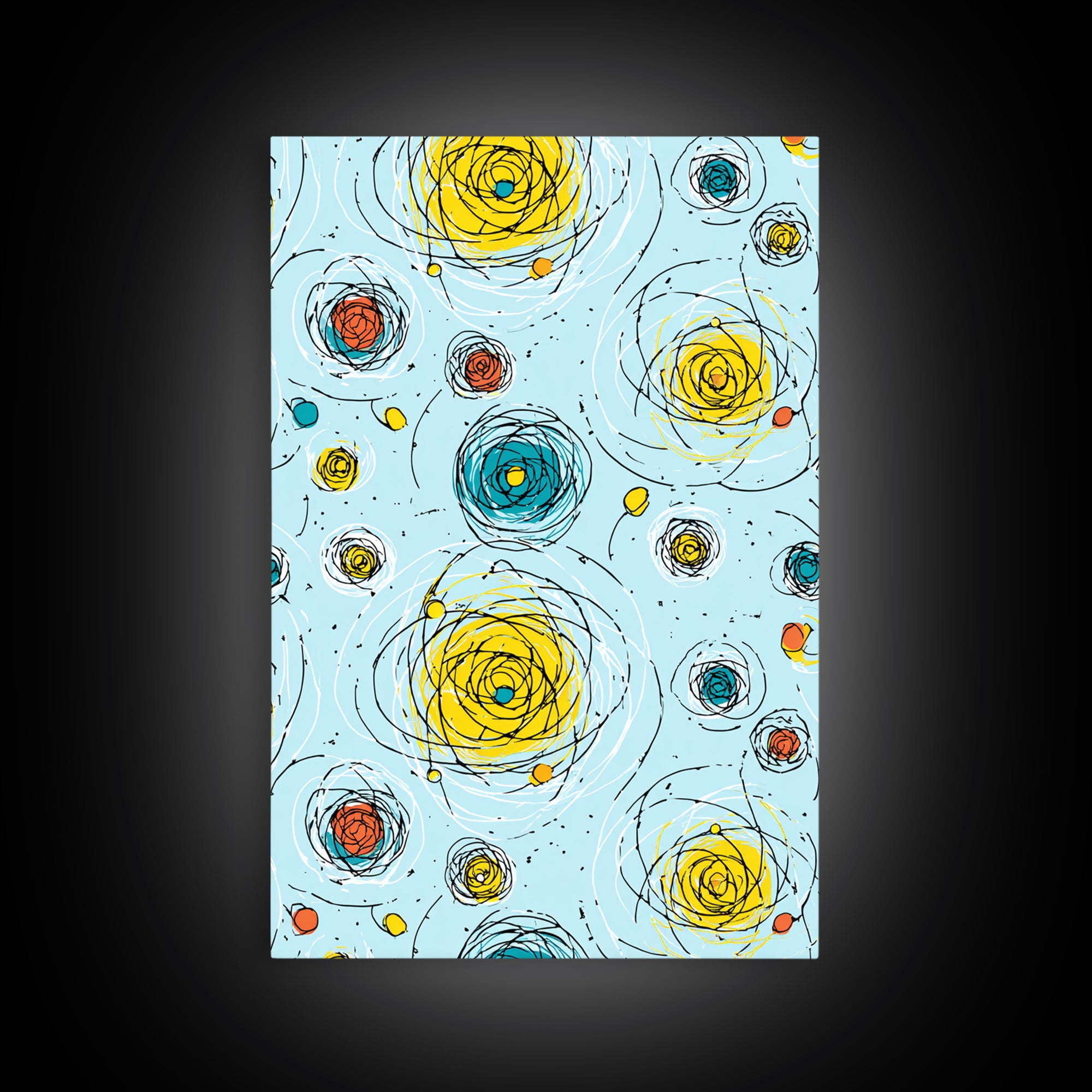 Scribble Spiral Circles On Sky Blue Wall Art, Midcentury Modern Abstract Print, Playful Colorful Geometric Office Home Decor