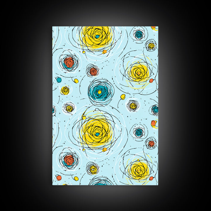 Scribble Spiral Circles On Sky Blue Wall Art, Midcentury Modern Abstract Print, Playful Colorful Geometric Office Home Decor