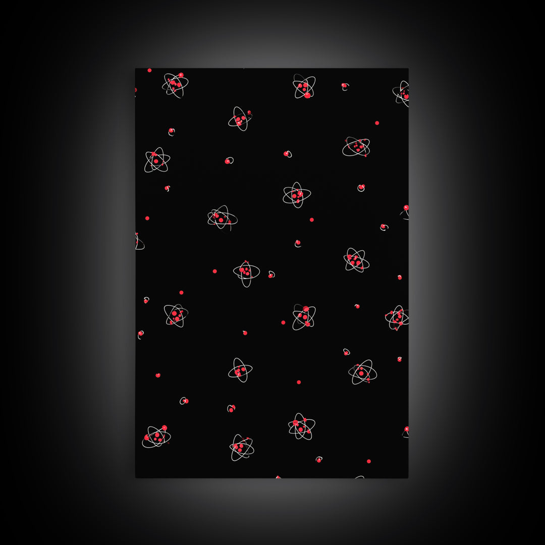 Tiny Red Atomic Dots On Black Canvas Print, Midcentury Modern Art, Retro Science Poster, Space Abstract Wall Decor, MCM Gift