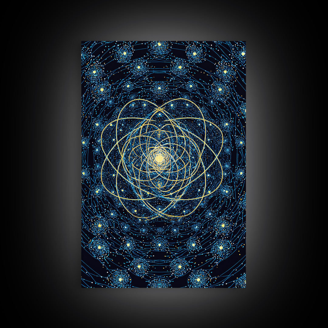 Blue Gold Cosmic Atom Mandala Wall Art, Midcentury Modern Art, Space Abstract Art, Geometric Wall Decor For Home Office, MCM Print
