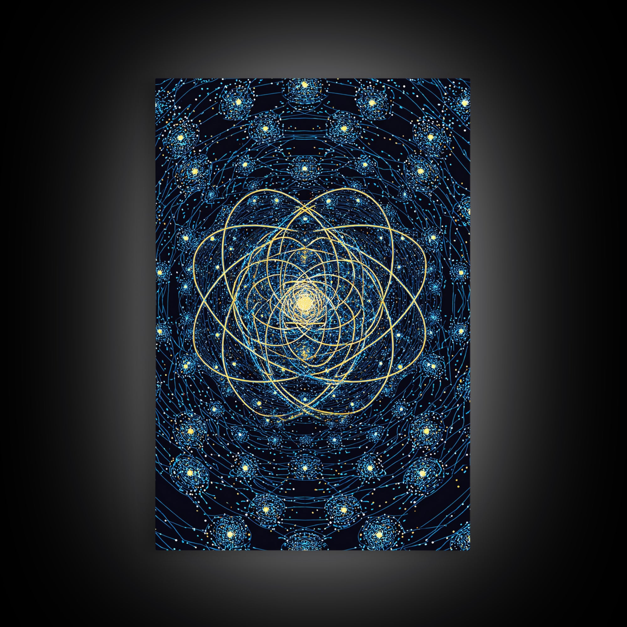 Blue Gold Cosmic Atom Mandala Wall Art, Midcentury Modern Art, Space Abstract Art, Geometric Wall Decor For Home Office, MCM Print