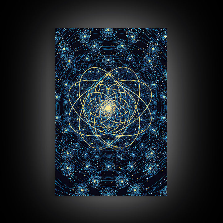Blue Gold Cosmic Atom Mandala Wall Art, Midcentury Modern Art, Space Abstract Art, Geometric Wall Decor For Home Office, MCM Print