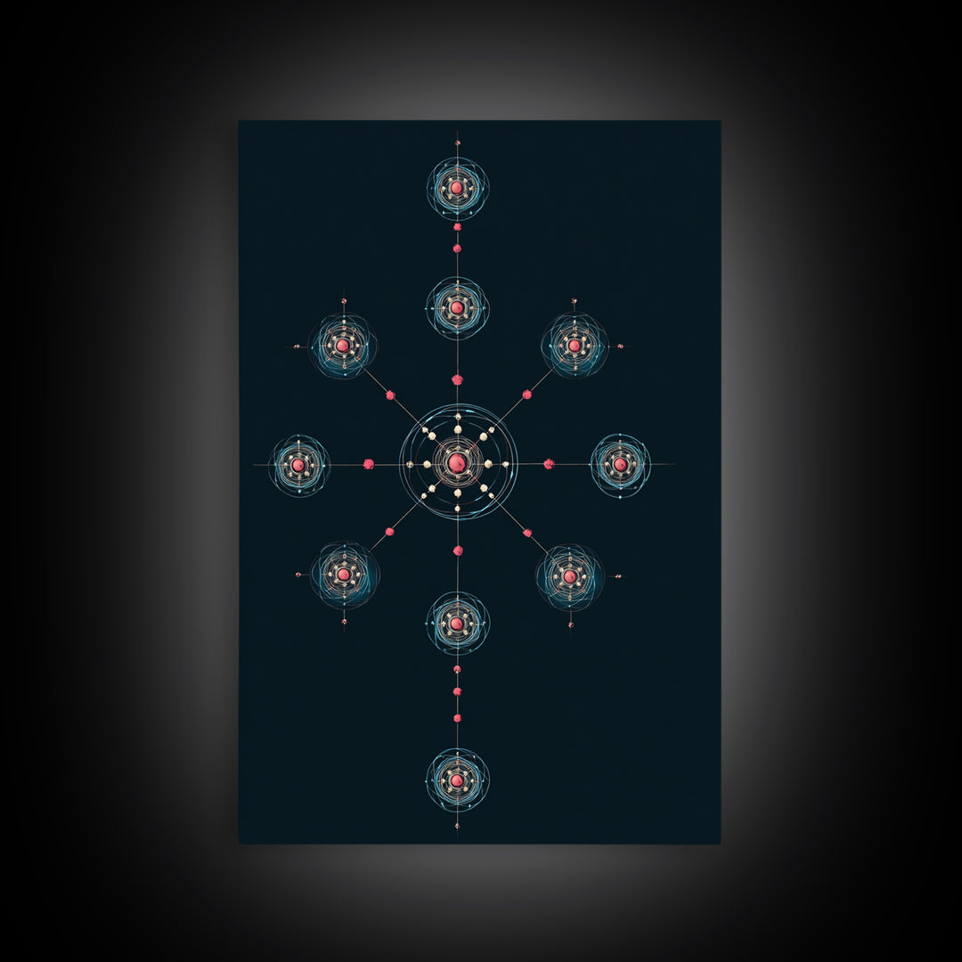 Dark Teal Atomic Molecule Diagram Framed Canvas Print, Modern Abstract Art, Midcentury Wall Art, Geometric Office Wall Decor