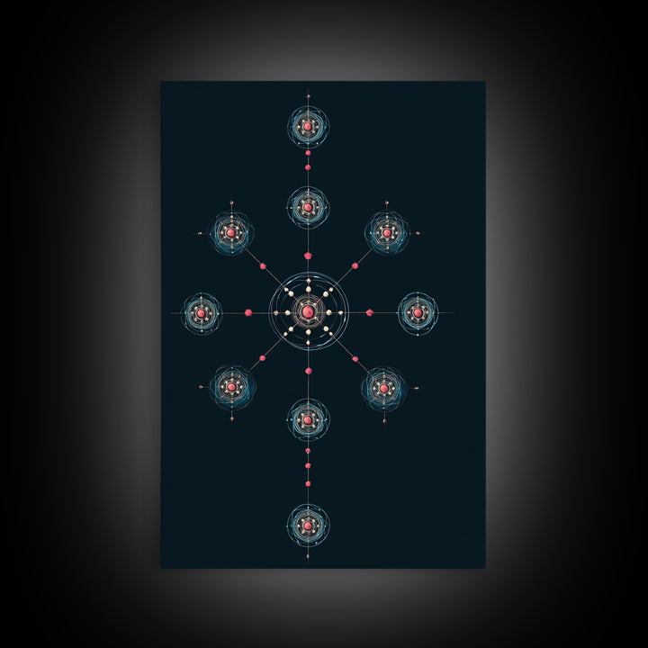 Dark Teal Atomic Molecule Diagram Framed Canvas Print, Modern Abstract Art, Midcentury Wall Art, Geometric Office Wall Decor