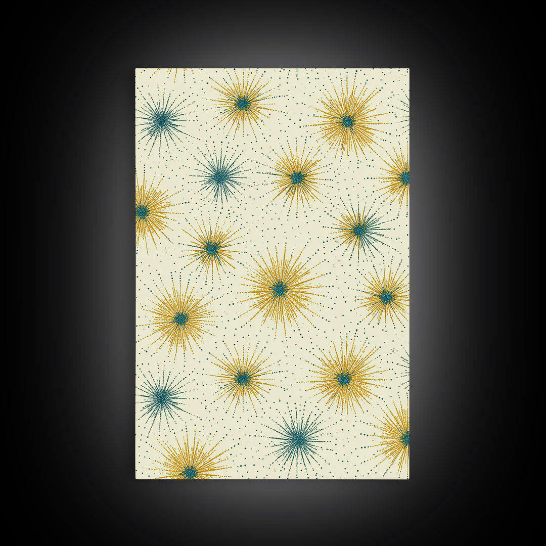 Mustard Teal Atomic Starburst Canvas Print, Midcentury Modern Art, Retro Geometric Wall Art, Scandinavian MCM Decor Gift