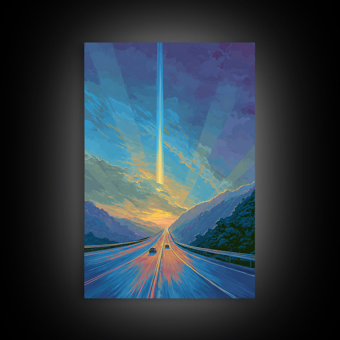 Mountain Highway Sunset Beam Canvas Print, Scenic Travel Wall Art, Modern Digital Art, Blue Orange Landscape Office Decor