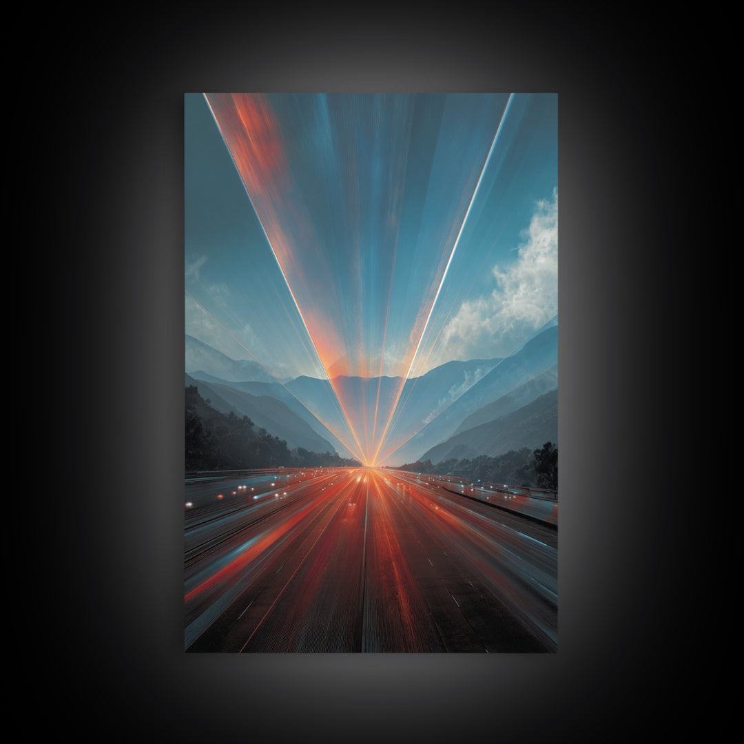 Sunrise Mountain Freeway Light Trails Wall Art, Modern Abstract Art, Scenic Travel Poster, Blue Orange Office Decor Print