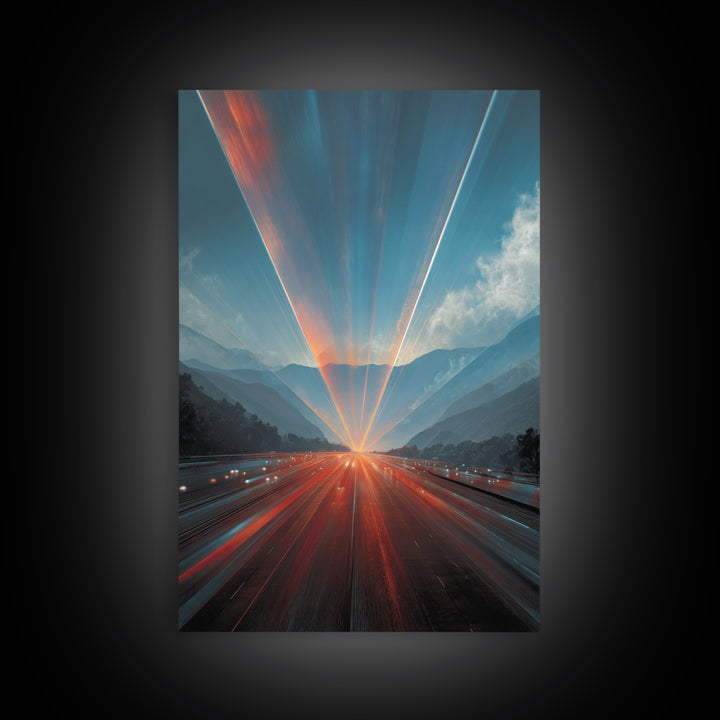 Sunrise Mountain Freeway Light Trails Wall Art, Modern Abstract Art, Scenic Travel Poster, Blue Orange Office Decor Print