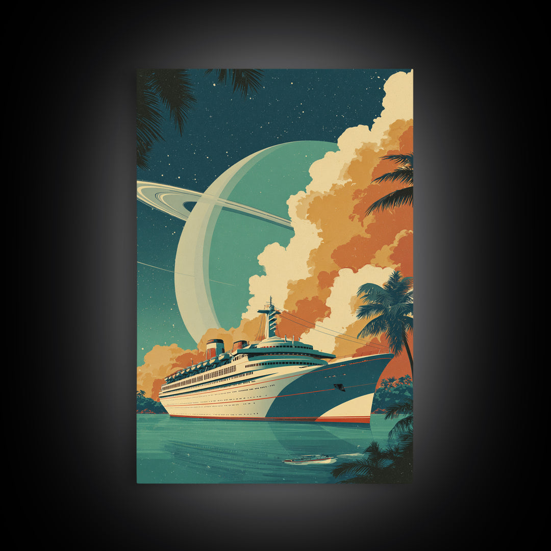 Tropical Cruise Ship Under Saturn Sky Framed Canvas Print, Mid Century Modern Art, Retro Travel Poster, Palm Tree Decor Print