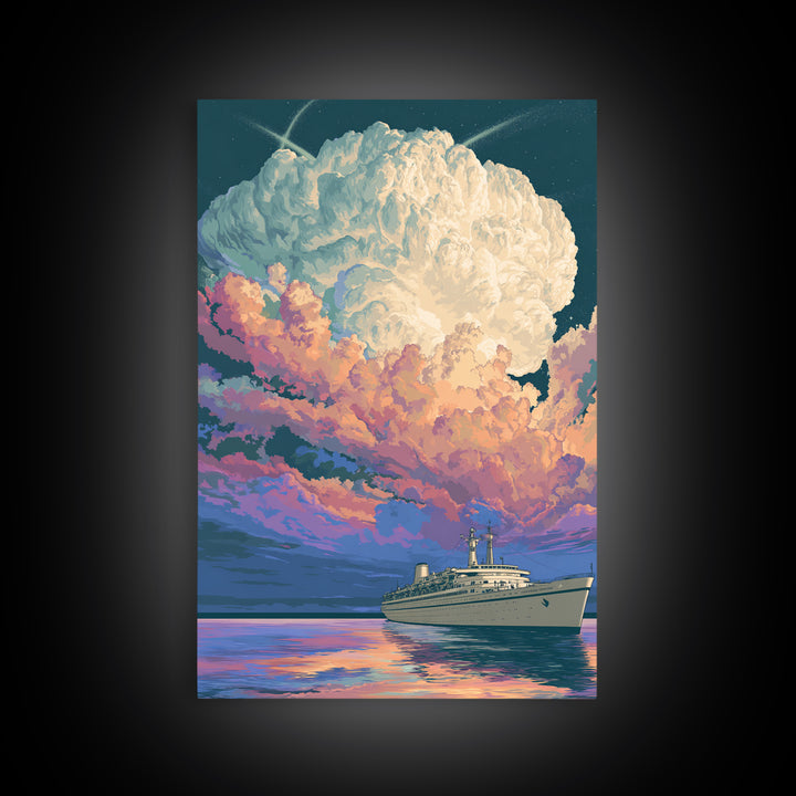Ocean Liner Under Pastel Cloudscape Wall Art, Modern Art Print, Scenic Sunset Poster, Coastal Home Decor, Living Room Art