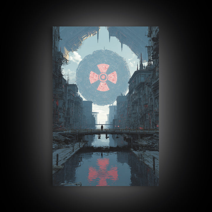 Dystopian Canal City With Giant Orb Wall Art, Modern Sci Fi Poster, Futuristic Cityscape Print, Industrial Home Decor Art