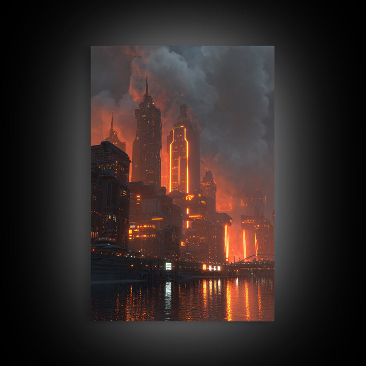 Burning Neon Futuristic Skyline Framed Canvas Print, Modern Wall Art, Dark Sci Fi City Poster, Orange Black Industrial Decor