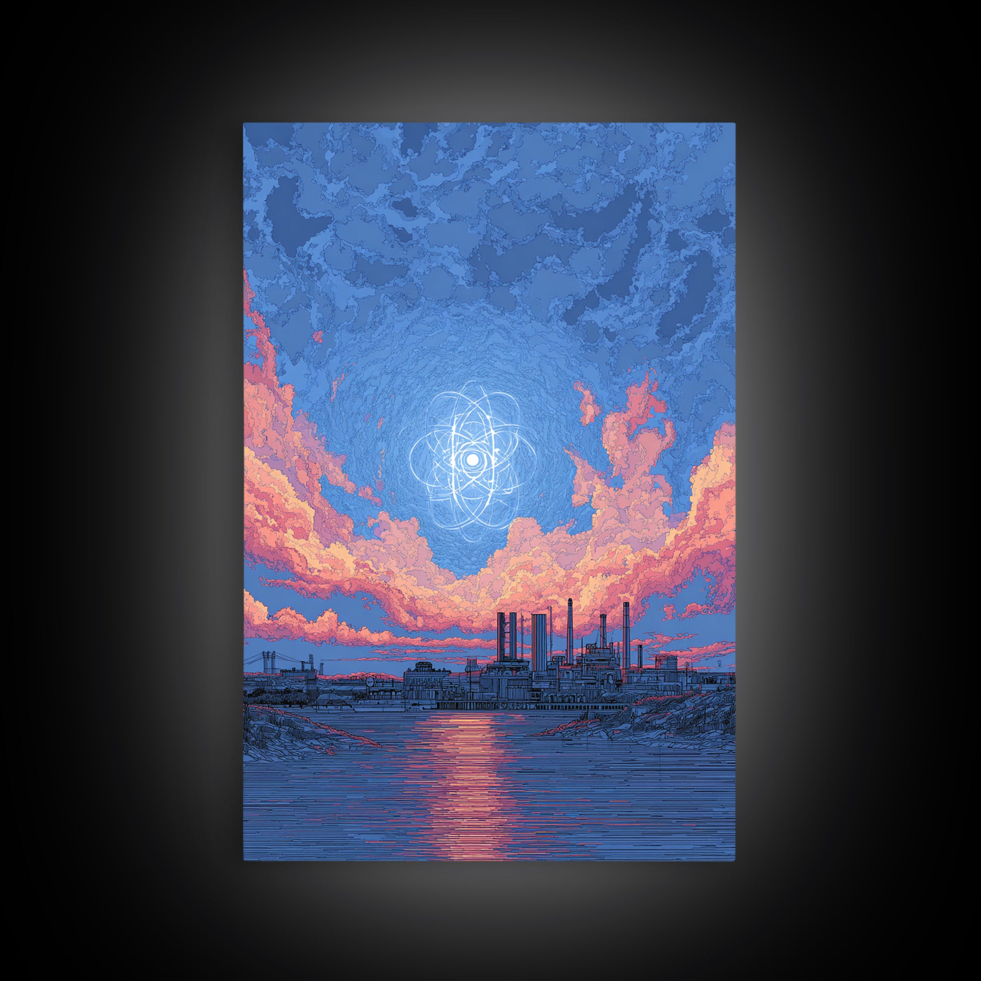 Industrial Waterfront With Atomic Pink Clouds Canvas Print, Mid Century Modern Wall Art, Retro Sci Fi Poster, Blue Wall Decor