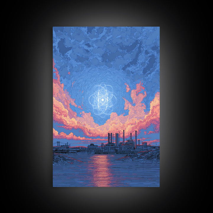 Industrial Waterfront With Atomic Pink Clouds Canvas Print, Mid Century Modern Wall Art, Retro Sci Fi Poster, Blue Wall Decor