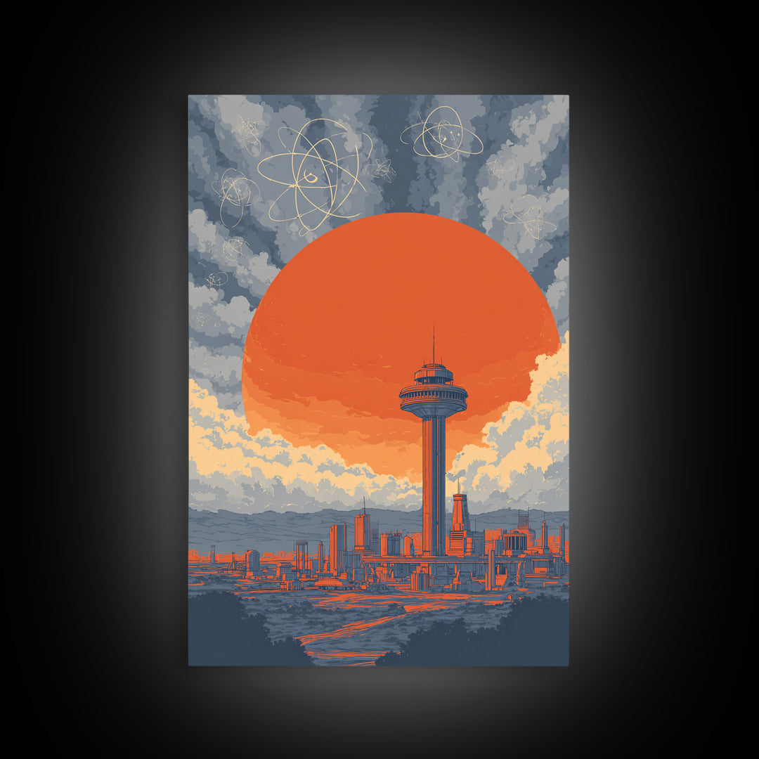 Space Needle Skyline With Orange Sun Wall Art, Mid Century Modern Print, Atomic Retro Poster, Seattle Inspired City Decor