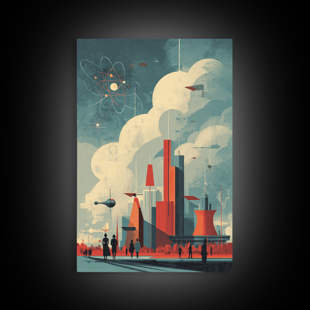 Retro Futuristic City With Red Towers Canvas Print, Mid Century Modern Wall Art, Atomic Sci Fi Poster, Geometric Home Decor