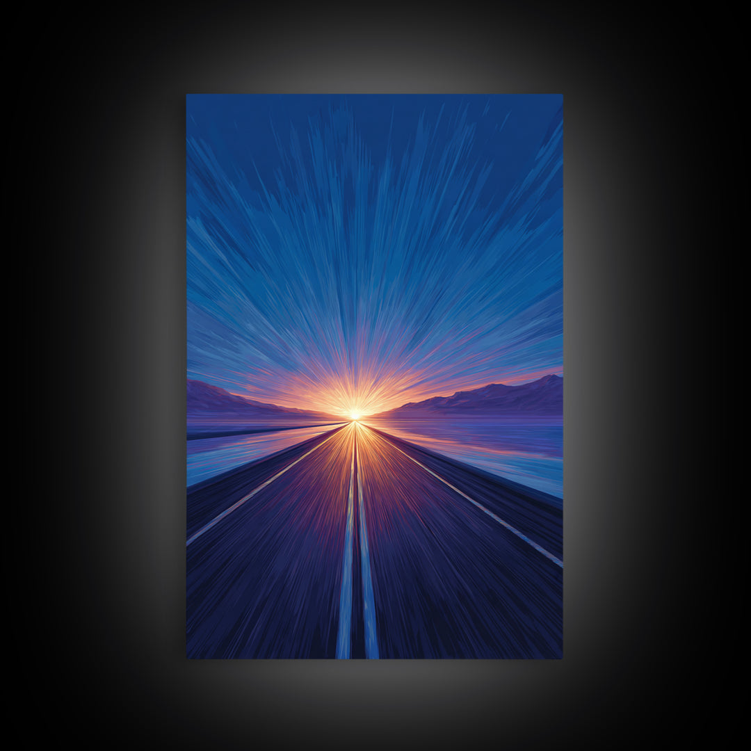Blue Lakeside Sunset Road Canvas Print, Modern Wall Art, Scenic Travel Poster, Large Abstract Art, Bedroom Home Decor Gift