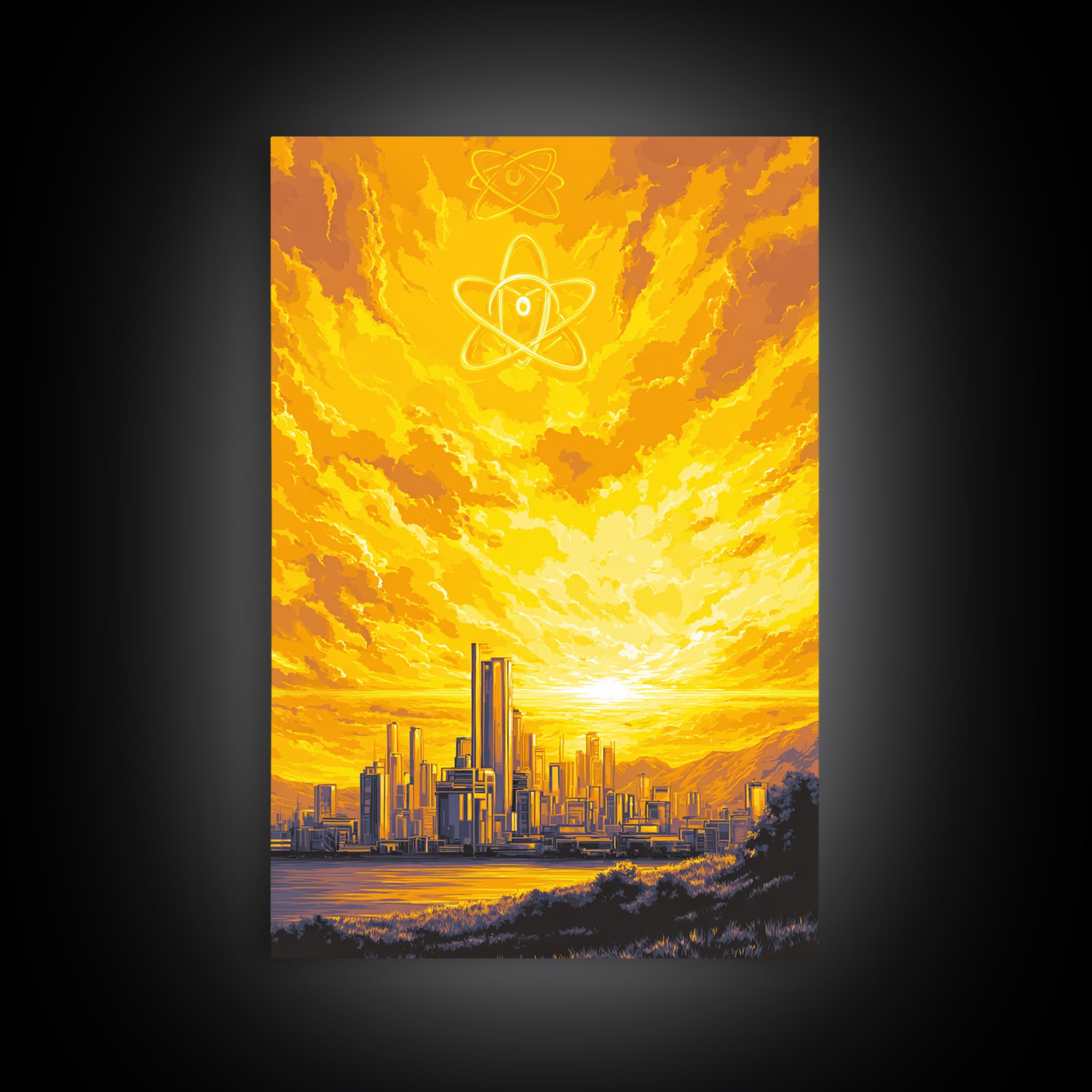 Golden Atomic Skyline At Sunset Framed Canvas Print, Mid Century Modern Wall Art, Yellow Poster, Retro Futuristic City Decor