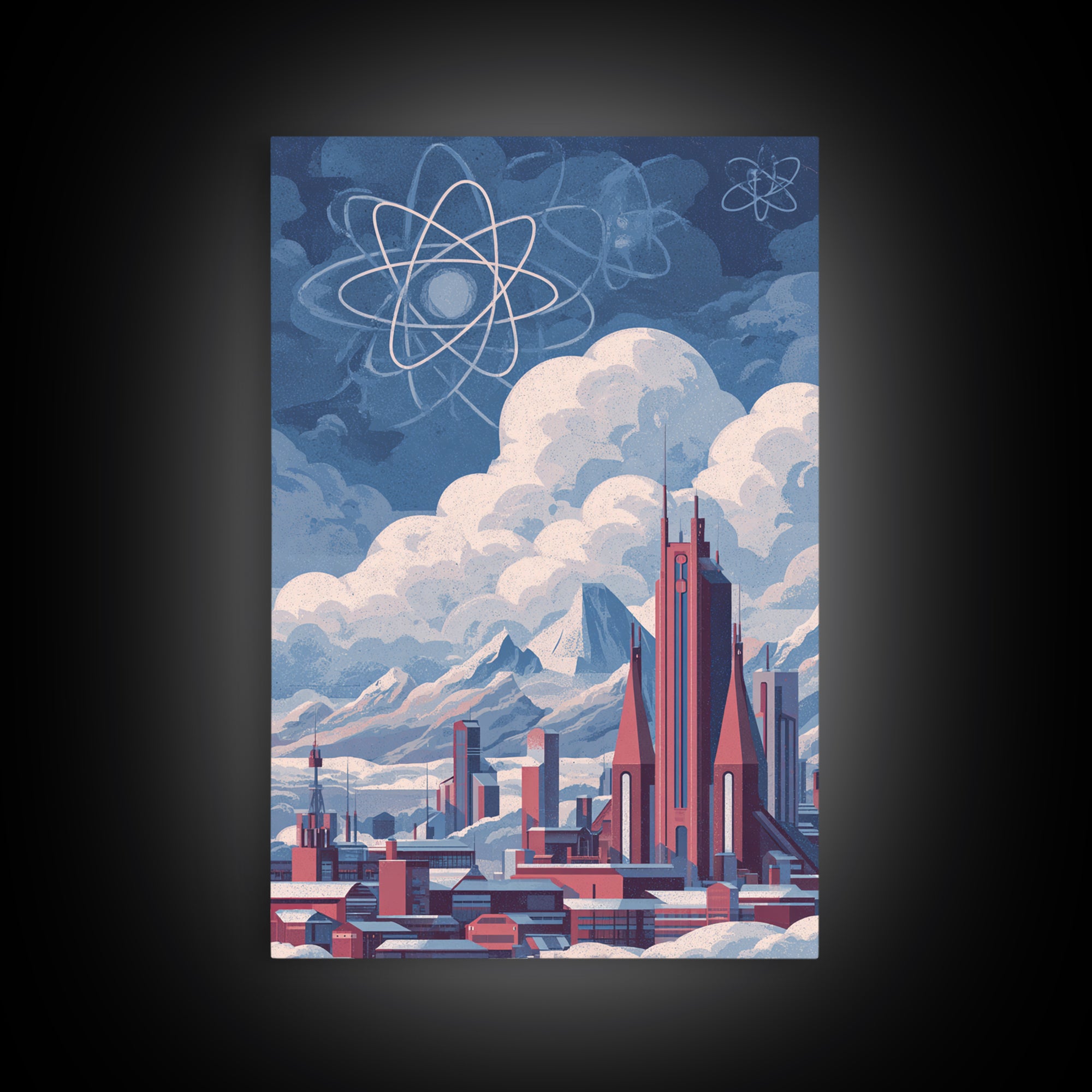 Atomic Futuristic City Under Clouds Wall Art, Retro Sci Fi Skyline, Midcentury Modern Art, Space Age Decor, MCM Poster Prints