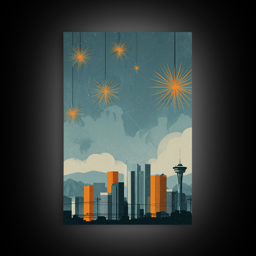 Seattle Skyline With Orange Starbursts Wall Art, Midcentury Modern Decor, Space Needle Print, Retro Cityscape Poster Home Decor