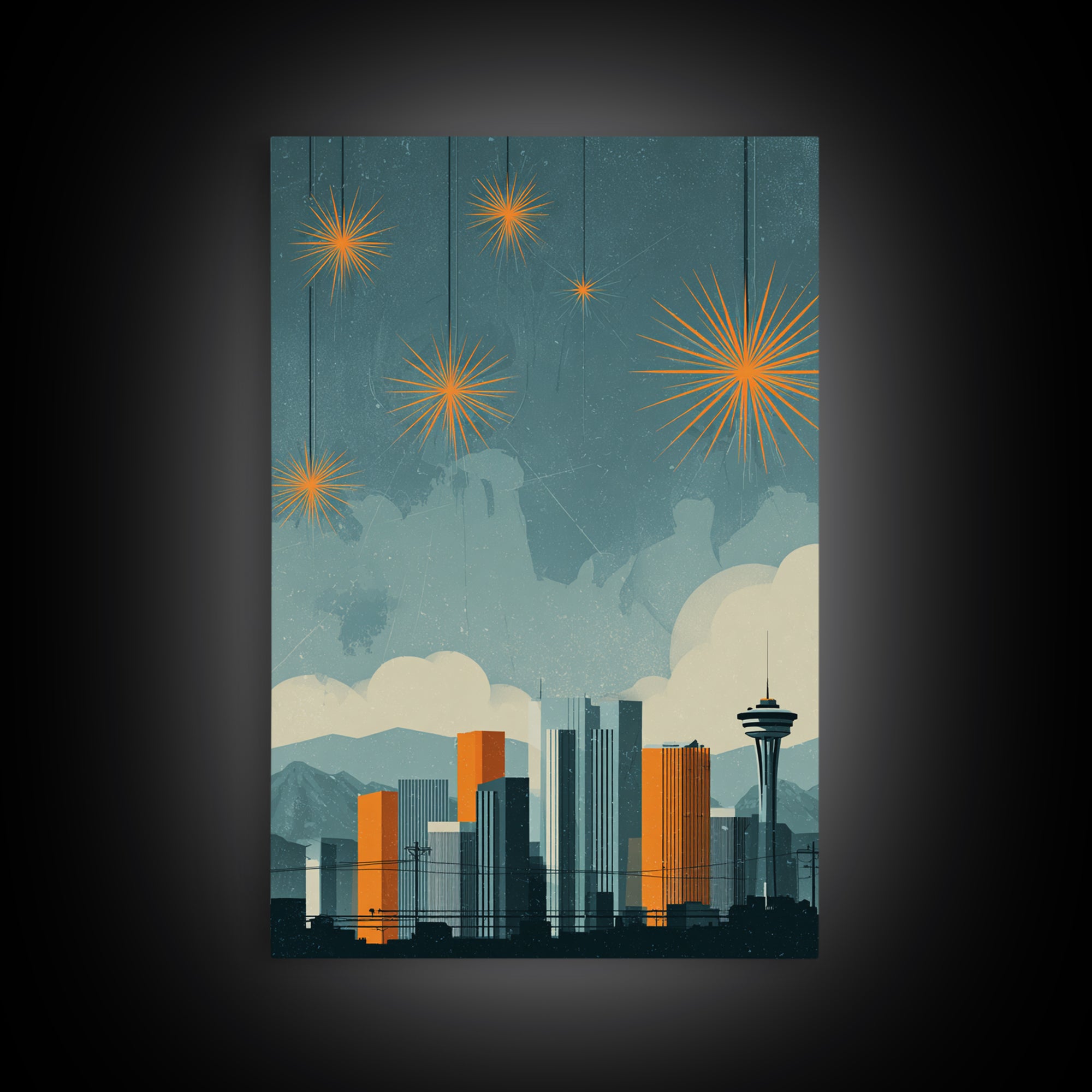 Seattle Skyline With Orange Starbursts Wall Art, Midcentury Modern Decor, Space Needle Print, Retro Cityscape Poster Home Decor
