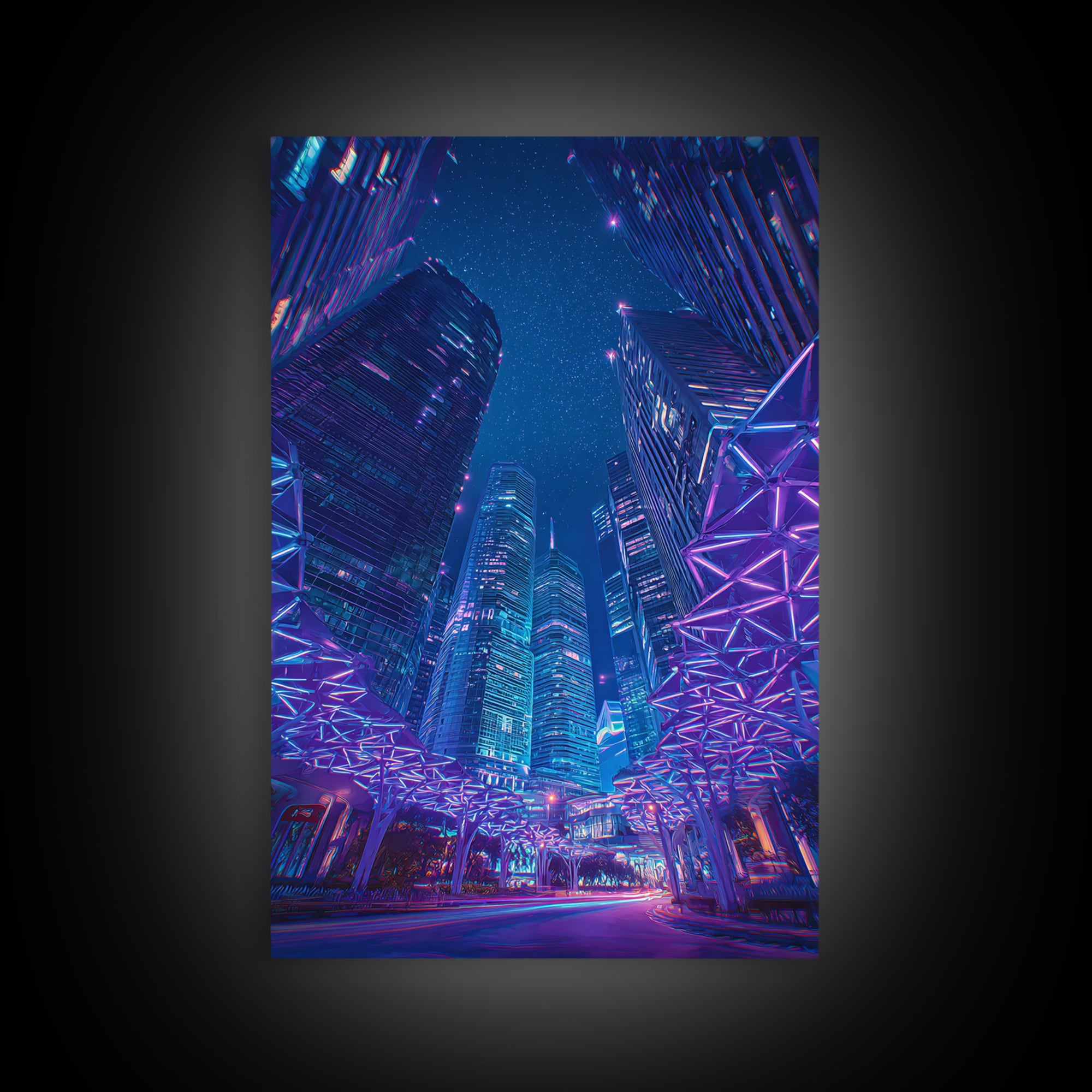 Neon Cyberpunk Skyscraper City Canvas Print, Modern Wall Art, Blue Purple Urban Night Poster Print, Contemporary Office Decor