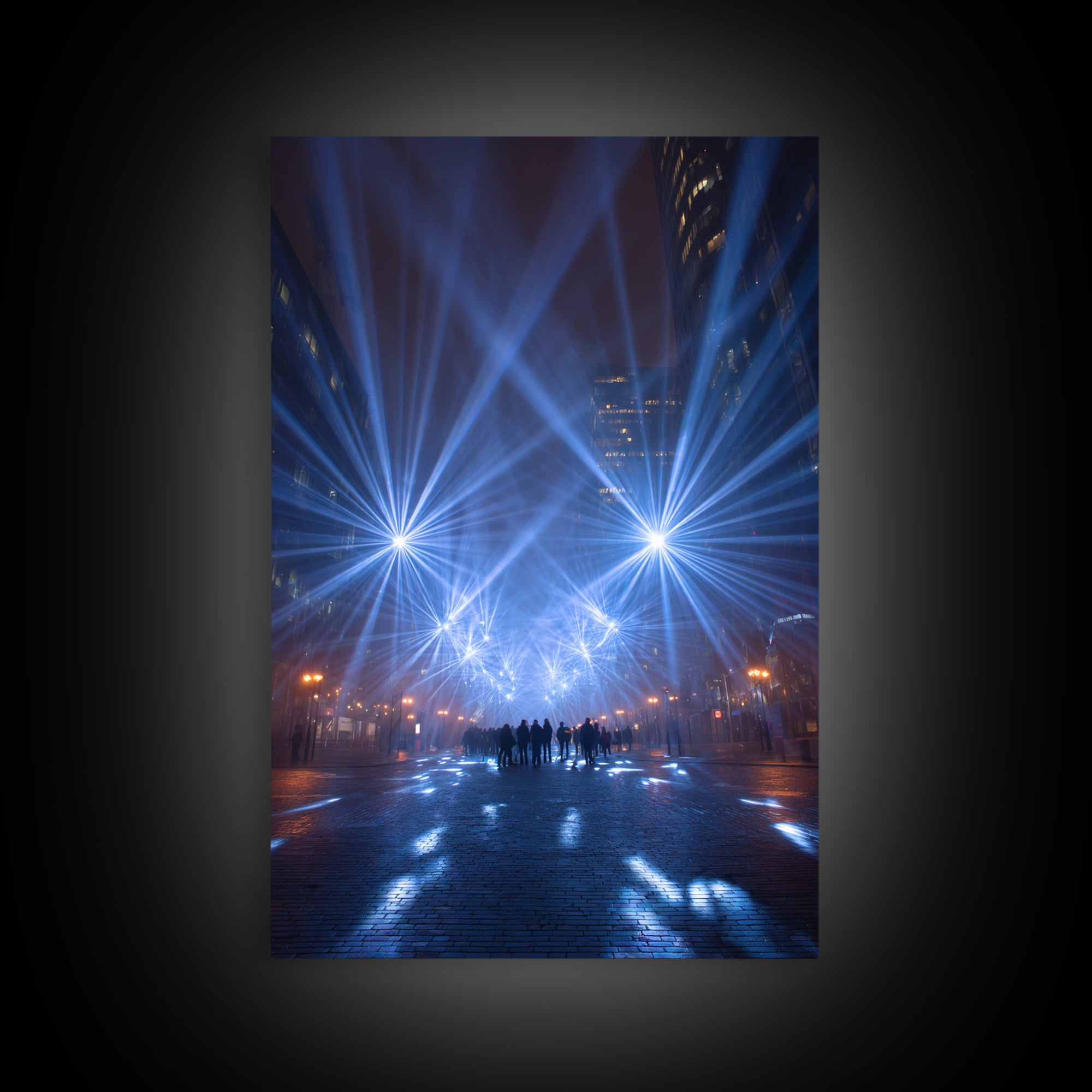 Rainy Night City Light Beams Wall Art, Modern Urban Photography Print, Blue Black Office Decor, Dramatic Skyline Poster Print