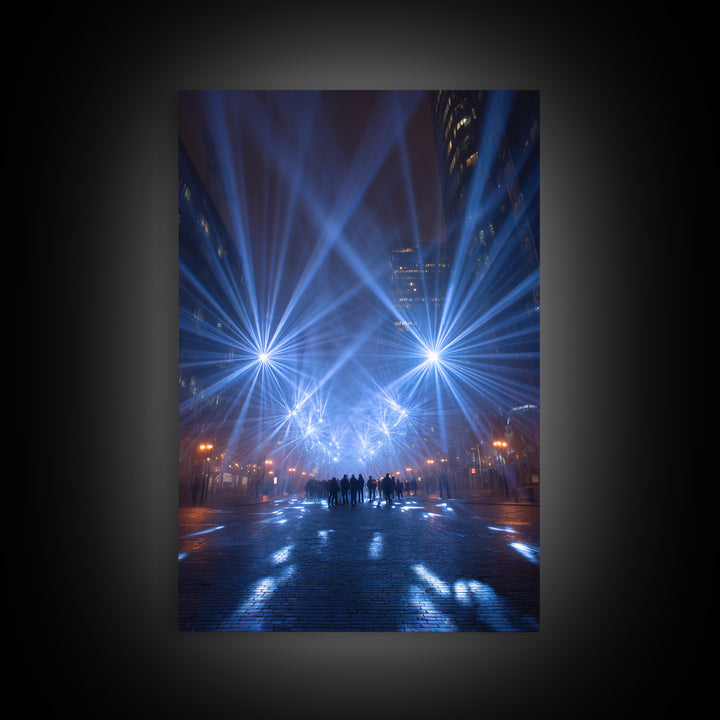 Rainy Night City Light Beams Wall Art, Modern Urban Photography Print, Blue Black Office Decor, Dramatic Skyline Poster Print