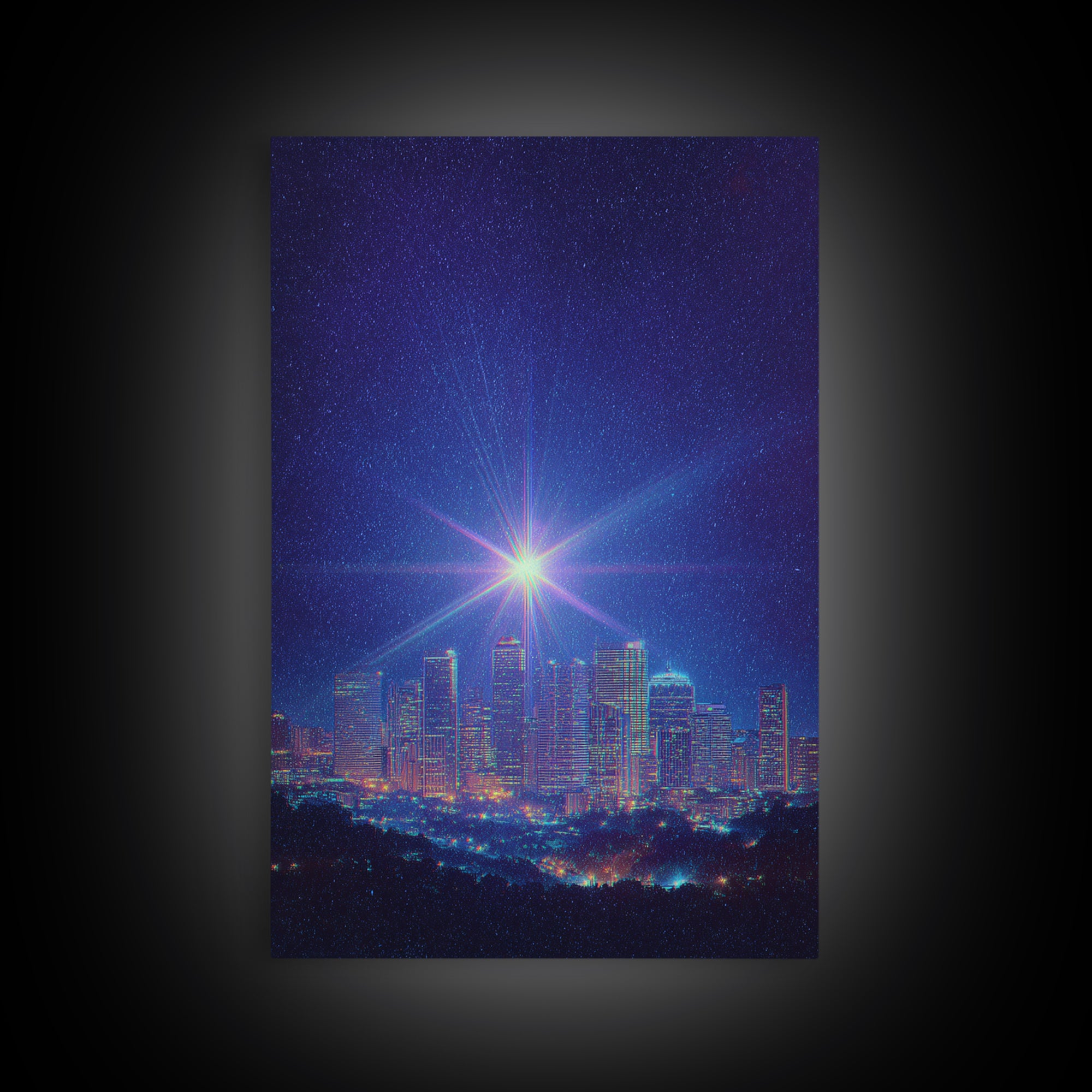 Bright Star Over Night Skyline Canvas Print, Modern Wall Art, Blue City Lights Poster, Space Abstract Art, Bedroom Decor Print