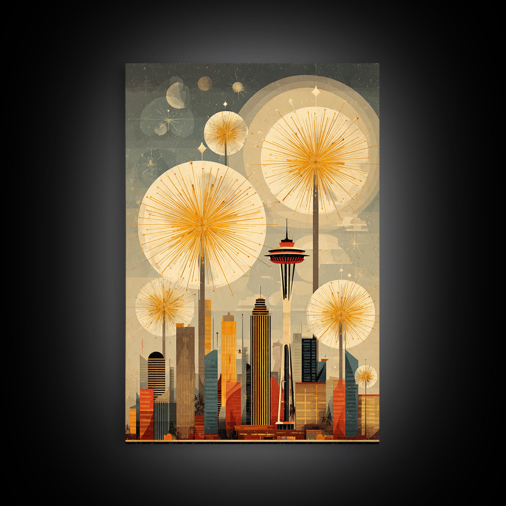 Seattle Space Needle Sunbursts Wall Art, Midcentury Modern Art, Retro City Skyline Poster, Atomic MCM Home Decor Print Gift