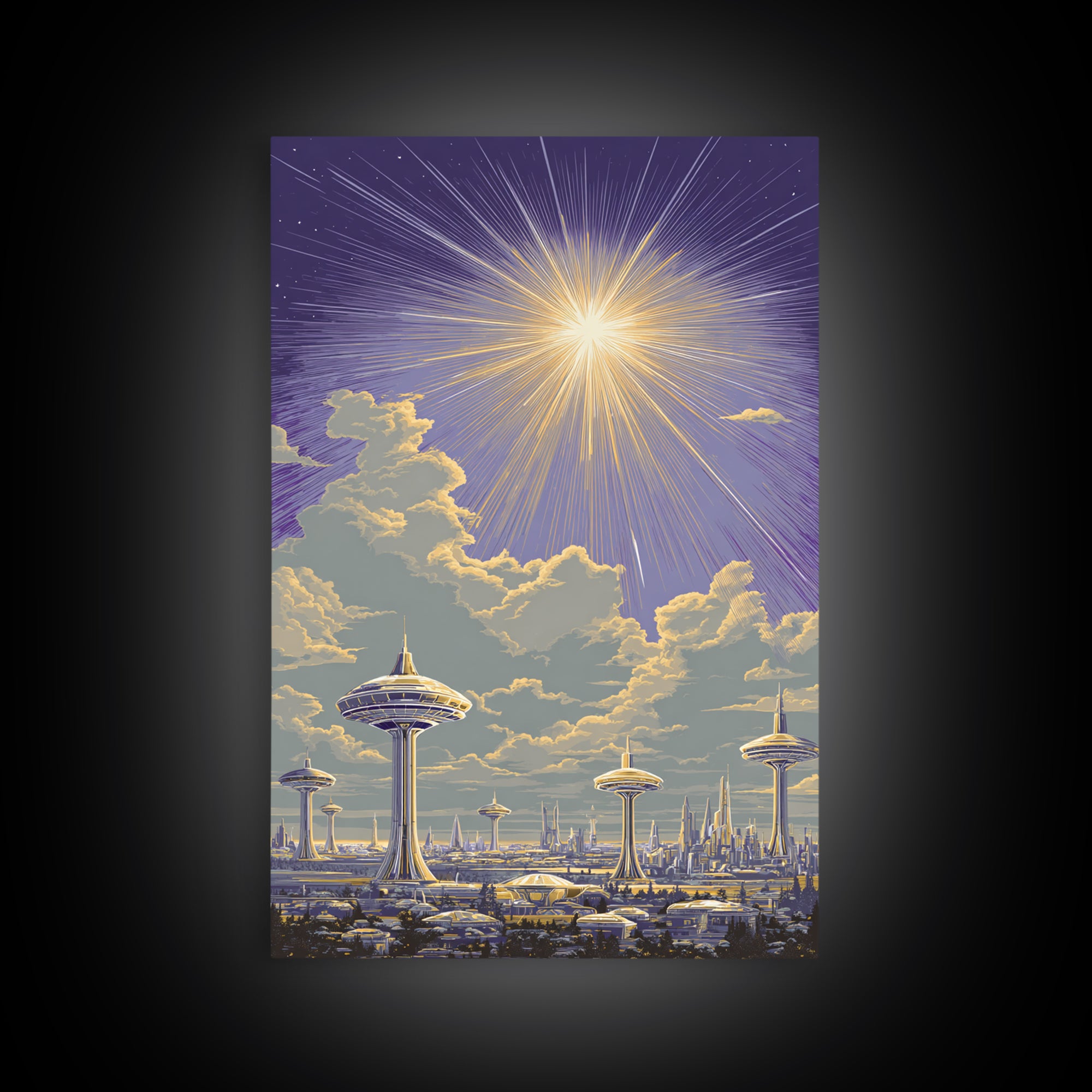 Futuristic Utopia City With Radiant Sun Canvas Print, Retro Sci Fi Wall Art, Space Age Skyline, Modern Home Decor Office Poster Print