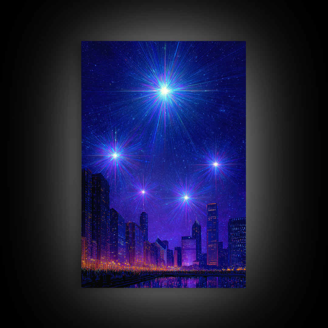 Blue Purple Starburst Night Skyline Wall Art, Modern Abstract Art, City Lights Poster, Space Digital Art, Home Office Decor