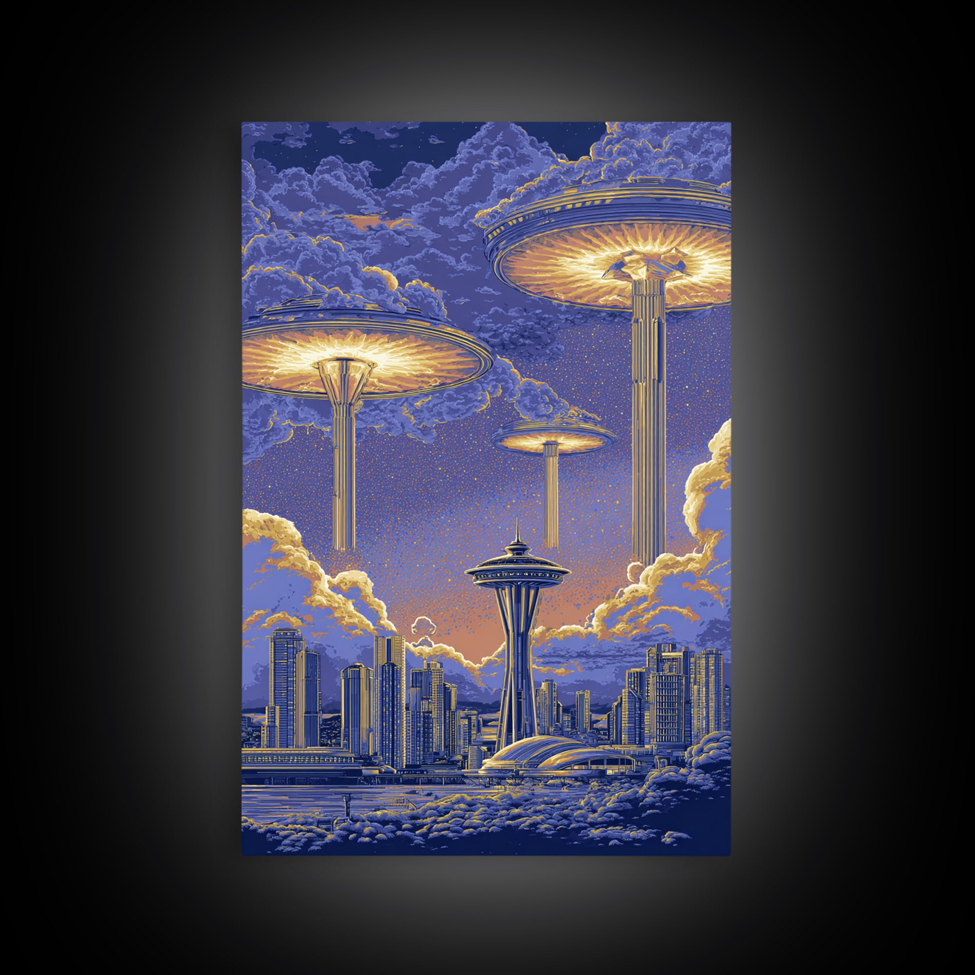 Floating Saucer Towers Above Skyline Framed Canvas Print, Retro Sci Fi Wall Art, Futuristic City Decor, Space Age Poster Print