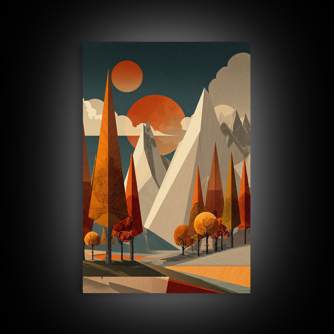 Orange Suns Alpine Peaks Wall Art, Midcentury Modern Mountain Print, Retro Geometric Landscape, MCM Cabin Decor For Living Room