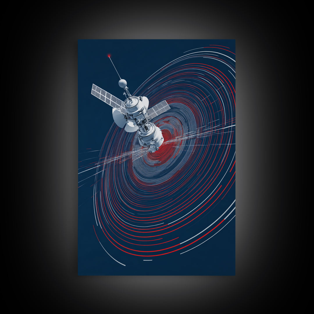 Orbiting Satellite With Red Signal Rings Wall Art, Modern Sci Fi Poster, Space Abstract Art Print, Futuristic Office Decor